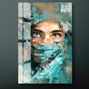 Woman Tempered Glass Wall Art, Blue Veiled Woman Glass Wall Decor, African Beautiful Girl Glass Wall Hanging, Ready to Hang