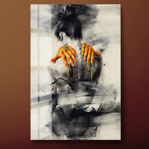 Abstract Woman Tempered Glass Wall Art, Female Body Glass Wall Decor, Orange Black Abstract Girl Glass Wall Hanging, Ready to Hang