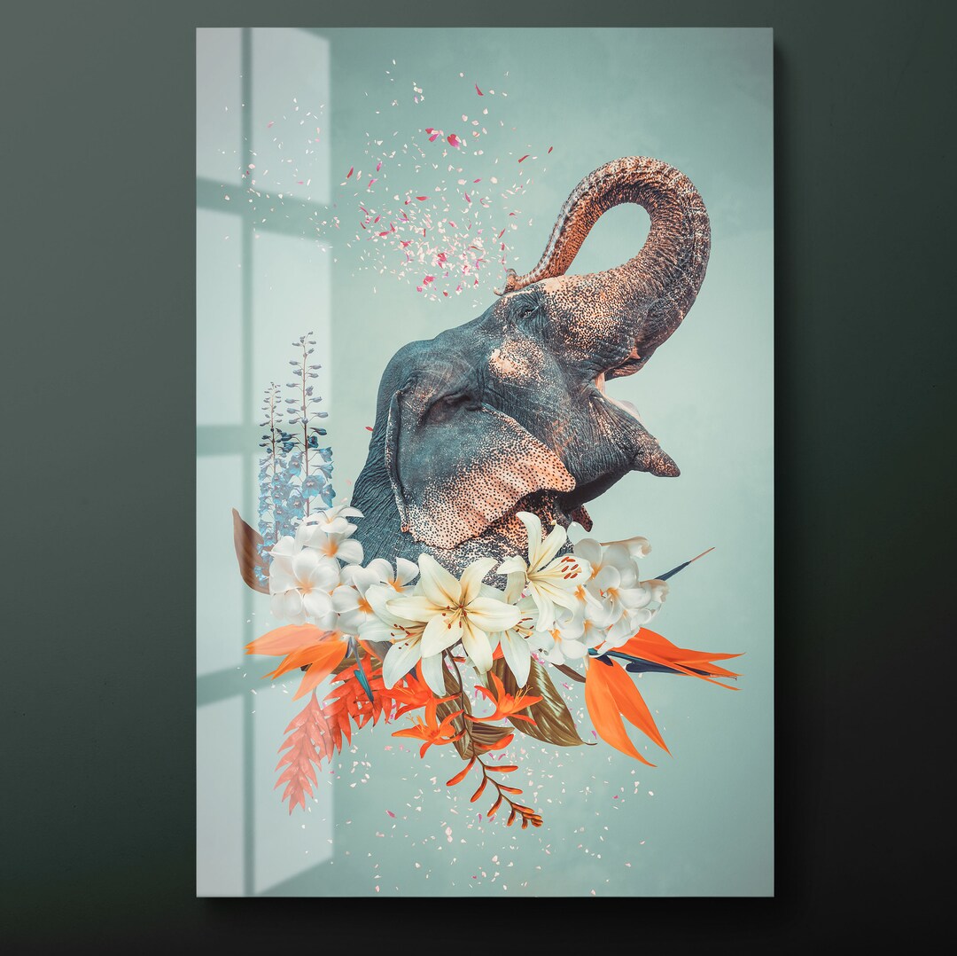Elephant Tempered Glass Wall Art Flowers Glass Wall Decor Etsy
