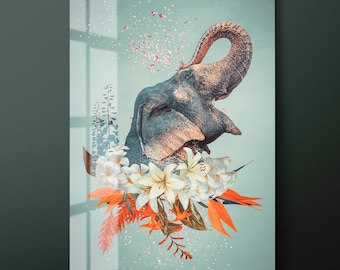 Elephant Flowers Tempered Glass Wall Art, Animal Wall Decor