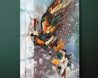 Simurgh Arte de pared de vidrio templado para pájaros, decoración de pared de vidrio de pájaro fénix, colgante de pared de vidrio de pájaro colorido abstracto, listo para colgar