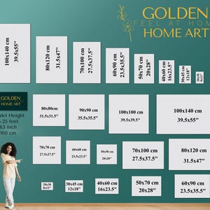 May include: A teal background displays various white rectangular art canvases with dimensions in inches and centimeters. The canvases are arranged in a grid, showcasing different sizes. The text "GOLDEN HOME ART" is visible.