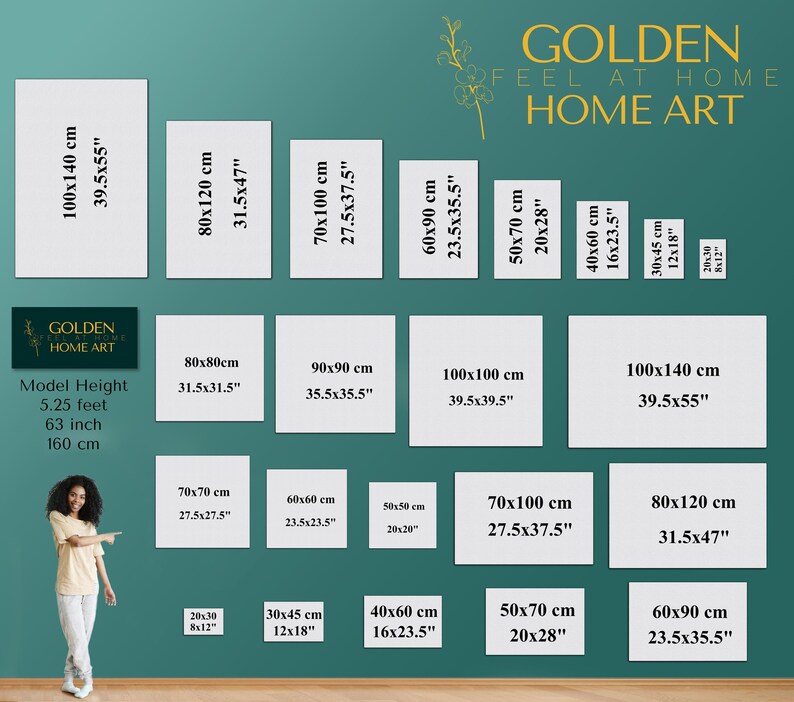 May include: A teal background displays various white rectangular art canvases with dimensions in inches and centimeters. The canvases are arranged in a grid, showcasing different sizes. The text "GOLDEN HOME ART" is visible.