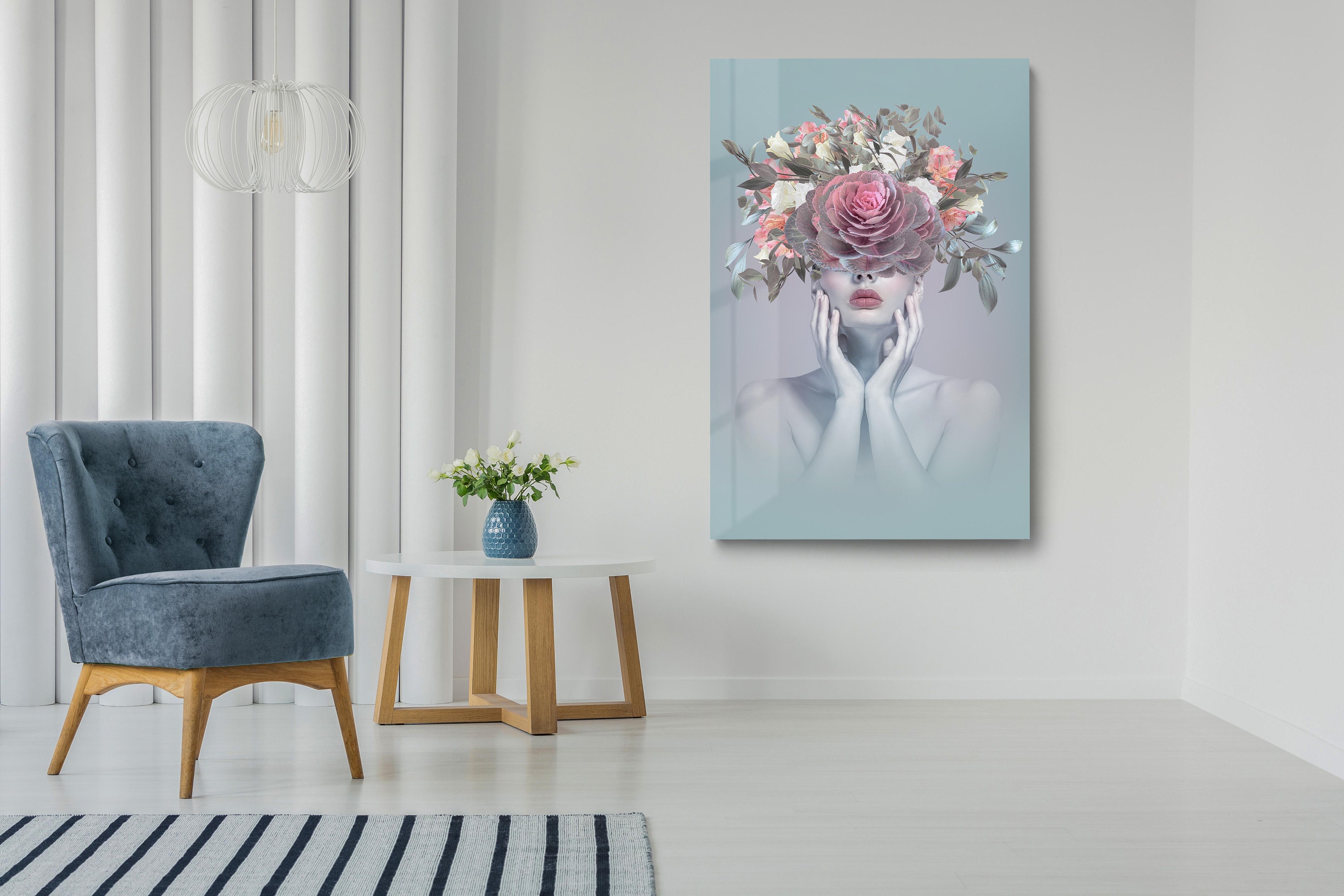 花柄の女性強化ガラスウォールアート：モダンな肖像画の装飾 - Etsy 日本