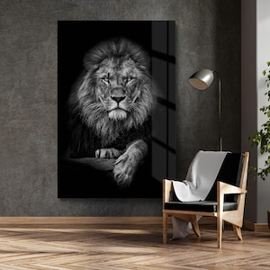 Black White Lion Tempered Glass Wall Art, Lion Portrait Glass Wall Decor, Animal Glass Wall Hanging, Ready to Hang image 3