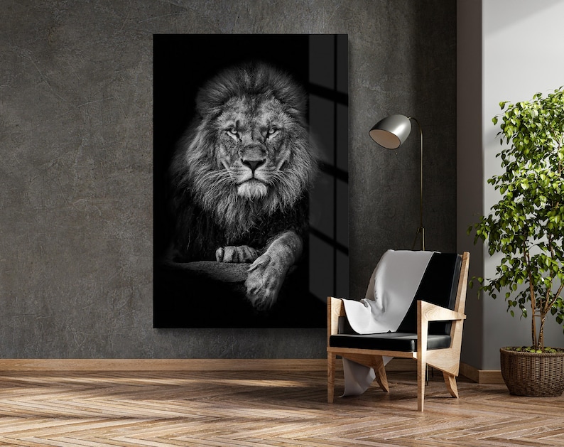 Black White Lion Tempered Glass Wall Art, Lion Portrait Glass Wall Decor, Animal Glass Wall Hanging, Ready to Hang image 3