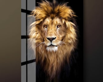 Art mural en verre trempé de lion, décor mural en verre de lion mâle, suspension murale en verre d’animaux, prêt à accrocher