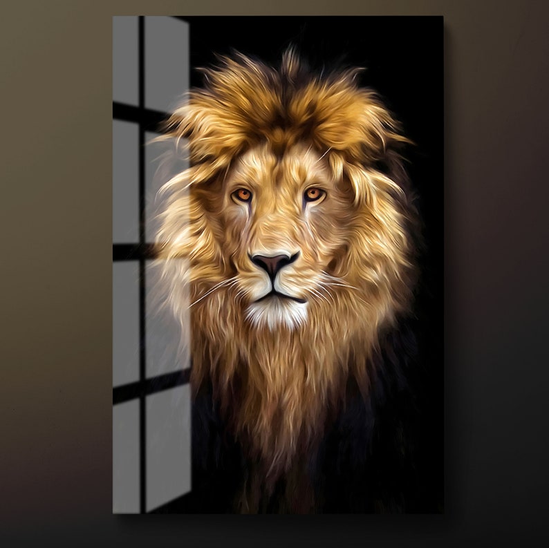 Lion Tempered Glass Wall Art, Male Lion Glass Wall Decor, Animals Glass Wall Hanging, Ready to Hang image 1