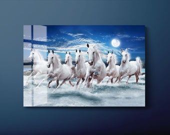 White Horses Tempered Glass Wall Art: Ready to Hang