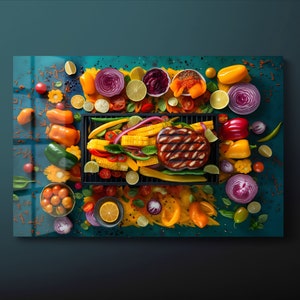 Meat and Vegetables Tempered Glass Wall Art, Vegetables for Dinner Glass Wall Decor, Kitchen Fruit Glass Wall Hanging, Ready to Hang