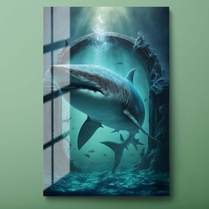 Shark Underwater Scene Tempered Glass Wall Art, Marine Life Glass Wall Decor, Ocean Predator Painting Tempered Glass Print, Ready to Hang