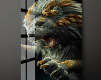 May include: A digital art print of a roaring lion. The lion's fur is a mix of gray, gold, and black. Its mouth is wide open, revealing sharp teeth. The lion's claws are extended. The artwork has a realistic, detailed style.
