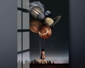 Planets Tempered Glass Wall Art: Surreal Space Decor, Ready to Hang-