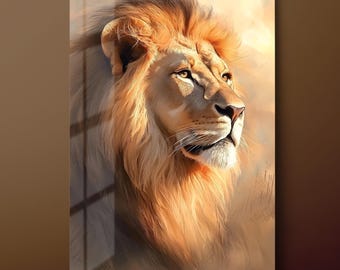 Lion Tempered Glass Wall Art: Yellow Lion Portrait, Ready to Hang-