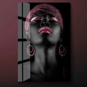 Black Pink Woman Tempered Glass Wall Art, Pink Glitter Lip Girl Glass Wall Decor, African Beautiful Woman Glass Wall Hanging, Ready to Hang