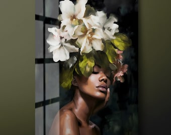 Flowers Head Tempered Glass Wall Art, Floral Head Girl Glass Wall Decor, White Green Flowers Glass Wall Hanging, Ready to Hang