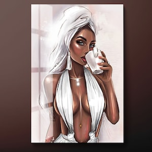 White Glitter Woman Tempered Glass Wall Art, Woman Drinking Coffe Glass Wall Decor, Beautiful Black Woman Glass Wall Hanging, Ready to Hang