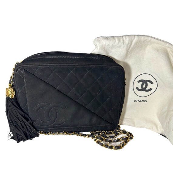 RARE 90s Chanel Black Suede Quilted Shoulder Bag W/Ta… Gem