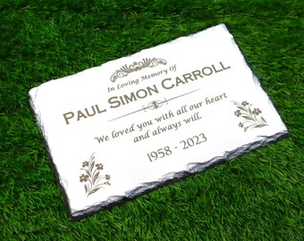 Custom Memorial White Slate Stone, Personalized 7.5 x 11.5 inches, Chipped Edge Memorial Grave Marker Headstone, Condolences Garden Marker