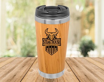 Personalized Tumbler 15 oz. Natural Bamboo Stainless Steel Tumbler with your Text or Logo. Travel Mug, Insulated Custom Mug