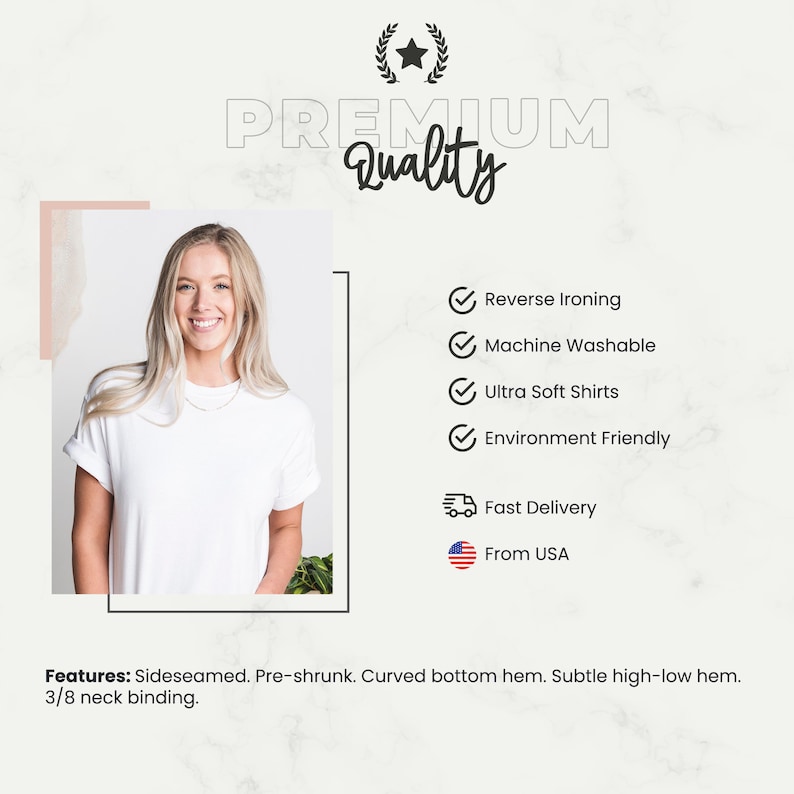 Puede incluir: Una camiseta blanca con una modelo que la lleva puesta. La camiseta es de costuras laterales, preencogida, tiene un dobladillo inferior curvo, un dobladillo alto-bajo sutil y un dobladillo de cuello de 3/8. La camiseta es lavable a m&aacute;quina, ultra suave y respetuosa con el medio ambiente. Est&aacute; disponible para entrega r&aacute;pida desde los Estados Unidos.