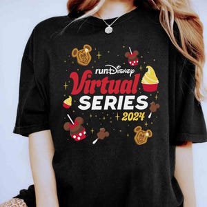 May include: Black t-shirt with a red and white "runDisney Virtual Series 2024" graphic. The graphic includes Mickey Mouse and other Disney characters.