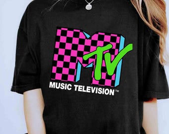 Camiseta unisex con diseño de cuadros azules y rosas con el logotipo clásico de MTV FE1006 para viajes de vacaciones, sudadera, regalo de cumpleaños familiar, camiseta para adultos y niños pequeños