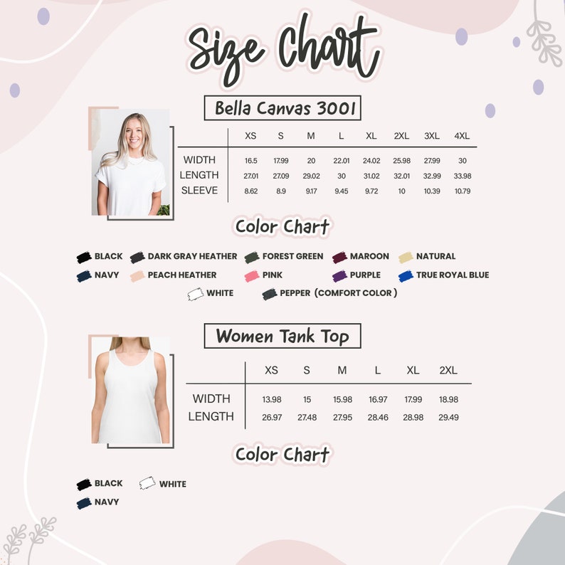 Puede incluir: Tabla de tallas para camisetas sin mangas Bella Canvas 3001 en varios tama&ntilde;os, colores y medidas en pulgadas. La tabla incluye medidas de ancho, largo y largo de manga. Los colores incluyen negro, azul marino, gris jaspeado oscuro, melocot&oacute;n jaspeado, verde bosque, rosa, granate, morado, natural y azul real.