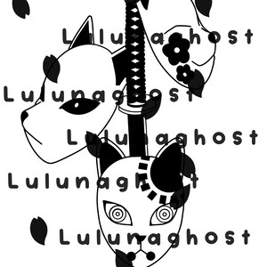 May include: Black and white illustration featuring three stylized animal masks and a katana. The masks have various designs, including floral accents and geometric patterns. The text "Lulunaghost" is repeated throughout the image.