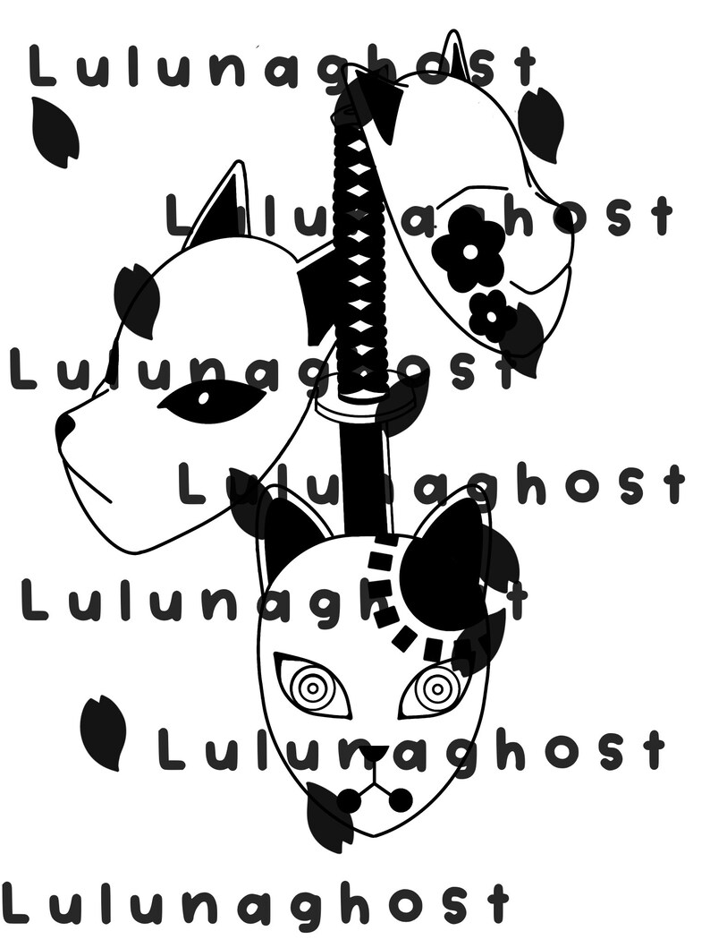 May include: Black and white illustration featuring three stylized animal masks and a katana. The masks have various designs, including floral accents and geometric patterns. The text "Lulunaghost" is repeated throughout the image.