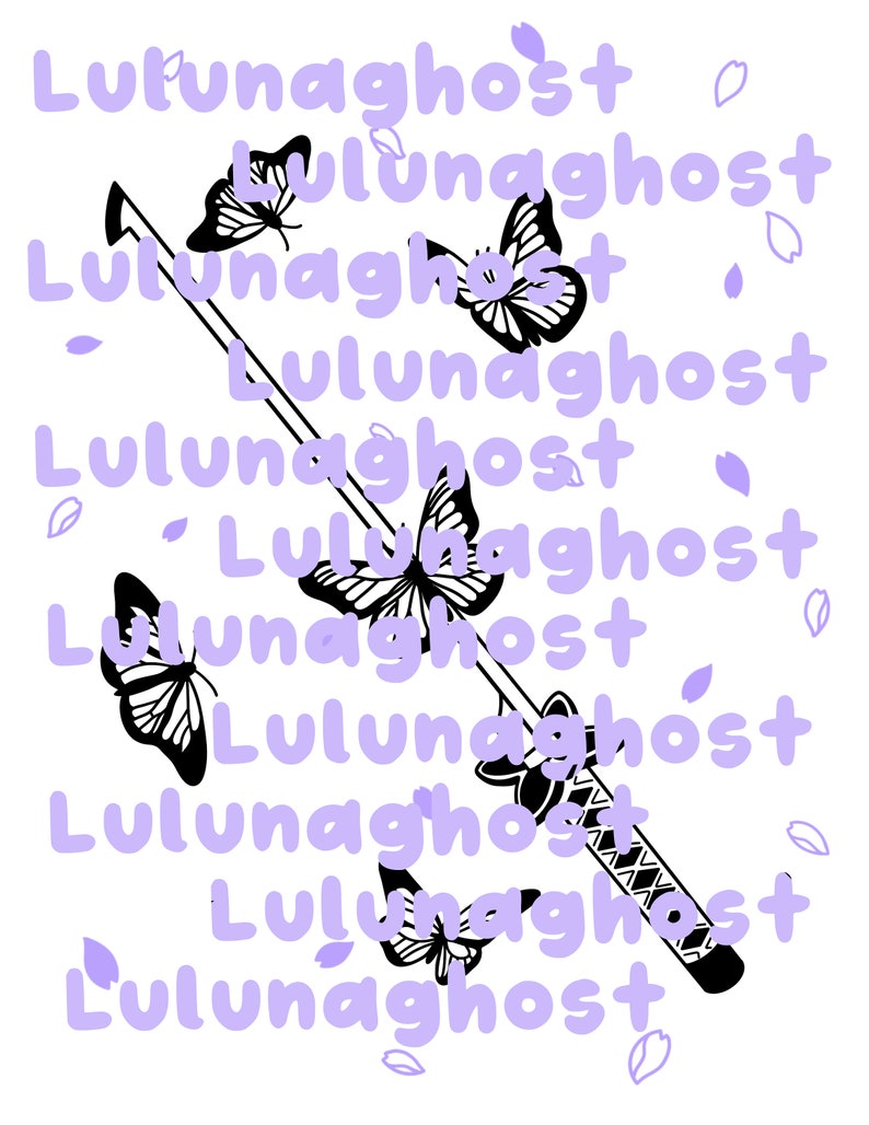 Pode incluir: Um gr&aacute;fico de texto roxo com as palavras "Lulunaghost" repetidas v&aacute;rias vezes. O gr&aacute;fico &eacute; sobreposto a uma imagem em preto e branco de uma katana e borboletas.