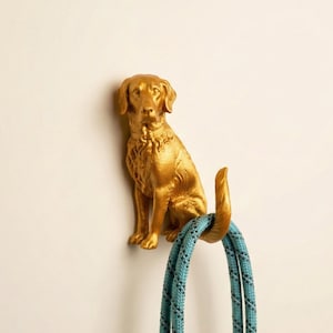 May include: A gold-colored dog-shaped wall hook. The dog is in a sitting position with its tail curved upwards, and a blue and black rope is hanging from the hook. The hook is mounted on a cream-colored wall.
