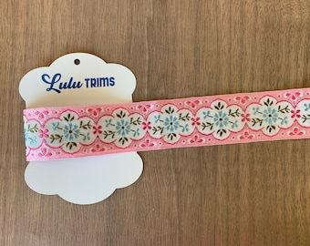 Trim - Vintage Jacquard/Woven - 1 1/2" wide - pink background w/sheen, blue flowers on white - Sold by the yard