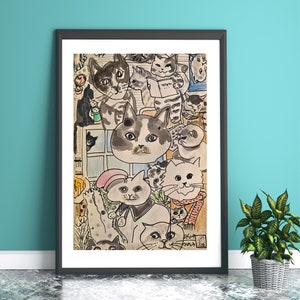 Catopia #1, Cat art, Cat drawing, Funny Cats, Cat wall decor, Gift for cat lover, Line Art, quirky cats, Printable cat art, Cat art print,