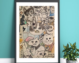 Catopia #1, Cat art, Cat drawing, Funny Cats, Cat wall decor, Gift for cat lover, Line Art, quirky cats, Printable cat art, Cat art print,