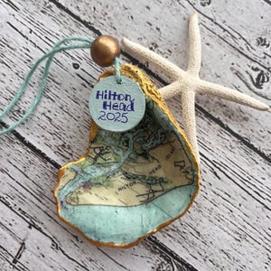 Hilton Head Ornaments,Map Shell ornament, Coastal Decor,Beach Wedding Favor,Decoupage Shells,Christmas Ornament