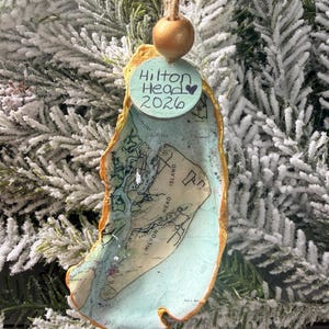 Hilton Head Map Shell Ornament, Coastal Christmas Decor, Beach Wedding Favor