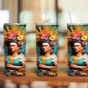 3D Embroidered Porcelain Frida with Paper Flowers and Turquoise Background Sublimation Wrap Digital File