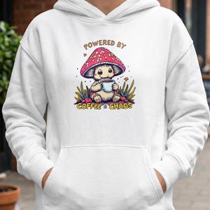 Mushroom Coffee Chaos T-Shirt, Cute Fungi Lover Gift, Powered By Coffee and Chaos Digital Art, Funny Chaotic Toadstool Tee, Whimsical