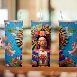 3D Embroidered Porcelain Frida with Blue Background, Textures and Flowers Digital Download Tumbler Wrap