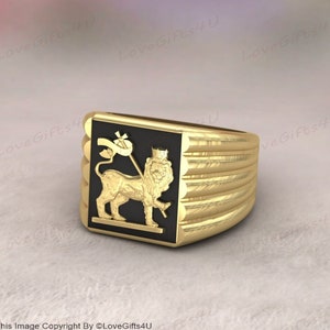 Handgemaakte ring Lion of Judah - 925 sterlingzilver of gold filled - Bob Marley-stijl, Ethiopische rijksvlag, zwart geëmailleerde zegelring heren