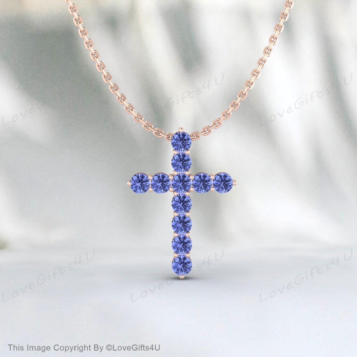 Pendentif Croix En Argent Sterling Avec Tanzanite Bleue Naturelle - Pierre Ovale ~10 Carats - Fait Main En Inde