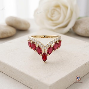 Marquise Ruby Chevron Ring 925 Sterling Silver Curved Stacking Band Vintage Anniversary Gift
