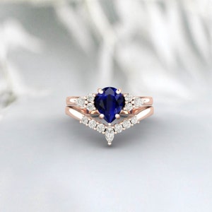 Pear Sapphire Engagement Ring Set 14k Rose Gold Pear Sapphire Vintage Wedding Bridal Promise Ring Set For Women September Birthstone Ring