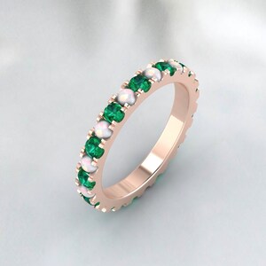Opal and Emerald Band, 14K White Gold Ring, Full Eternity Wedding Band, May birthstone, Christmas Gift, Everyday Jewelry, New Year Gift
