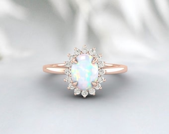 Vintage Opulence: Halo Opal Engagement Ring with Diamond Simulants - October Birthstone Promise Ring - Opal Halo Wedding Ring - Bridal Ring