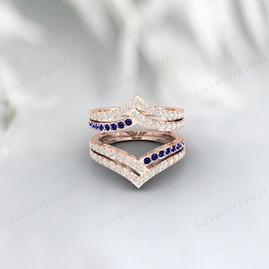 Blue Sapphire & Diamond Crown Wedding Enhancer Guard, 14k Gold Finish Double Ring Enhancer For Women, Diamond Enhancer Wrap Engagement Ring
