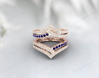 Blue Sapphire & Diamond Crown Wedding Enhancer Guard, 14k Gold Finish Double Ring Enhancer For Women, Diamond Enhancer Wrap Engagement Ring
