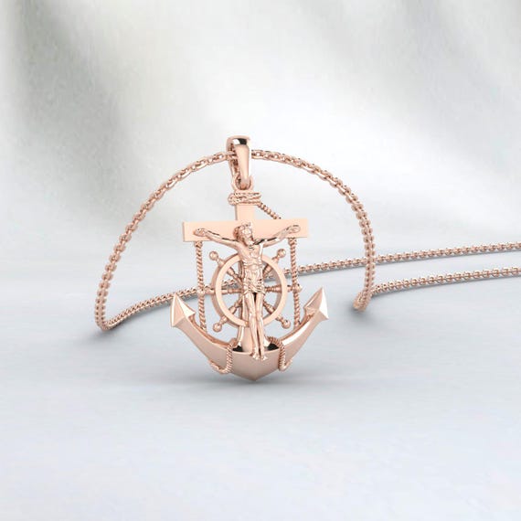14K Rose Gold Mariner's Cross Necklace: Nautical Anchor Crucifix
