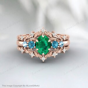 Nature Inspired Leaf emerald wedding ring set unique twig oval cut emerald engagement ring Art deco rose gold Branch anniversary ring gift